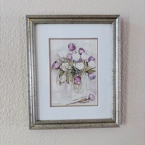 Framed Floral Art Print with Purple and White Flowers